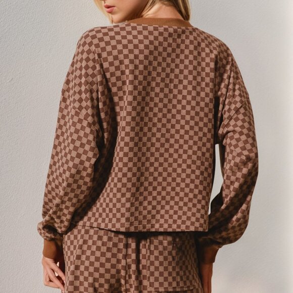 Double Take Checkered Half-Button Top and Shorts Set - Stylish & Comfortable 2Pc - Picture 7 of 7